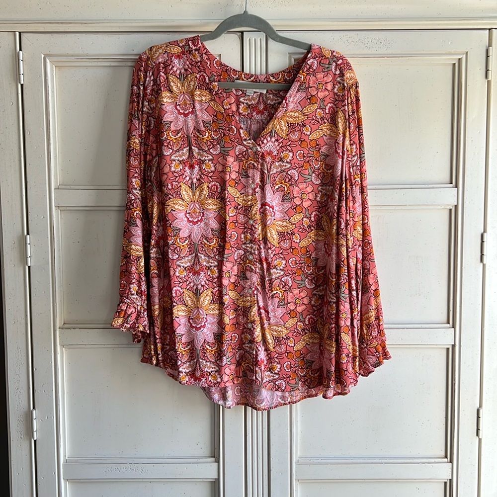 LOFT Pink Floral V-Neck Blouse with Yellow Accents
